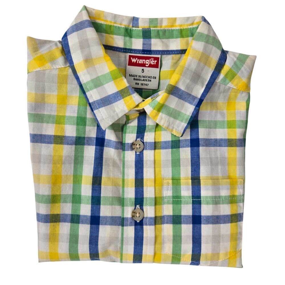 Wrangler Boy’s Plaid Button Down Short Sleeve Yellow/Green/Blue Size 5